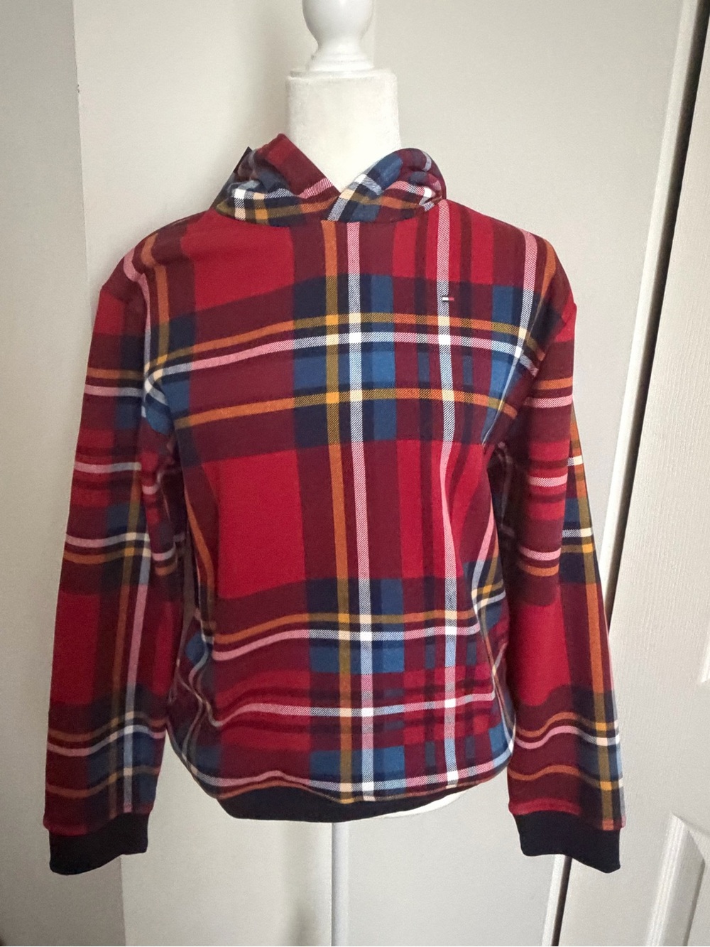 Tommy Hilfiger Red Plaid Zip-Up Hooded Sweater